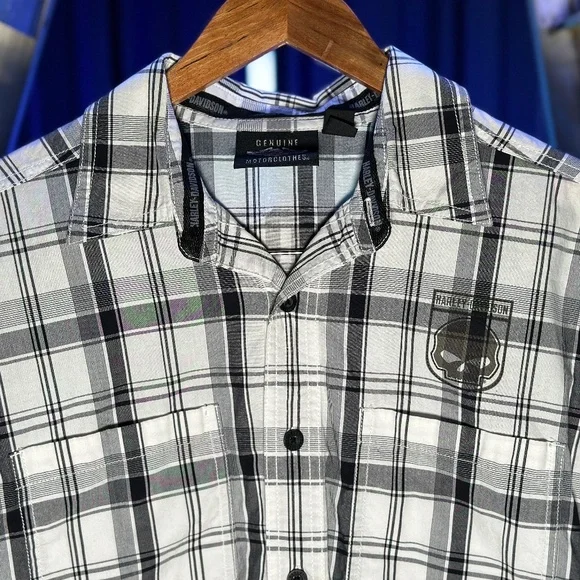Harley-Davidson Men's Willie G. Skull Shield Plaid Shirt LS, Black/Grey - Picture 2 of 7